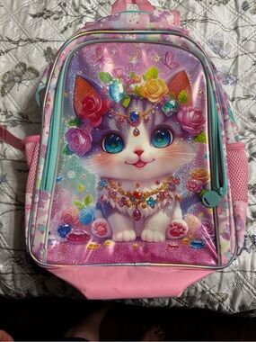 Kids Pink Cat Graphic Backpack with Jewel Accents